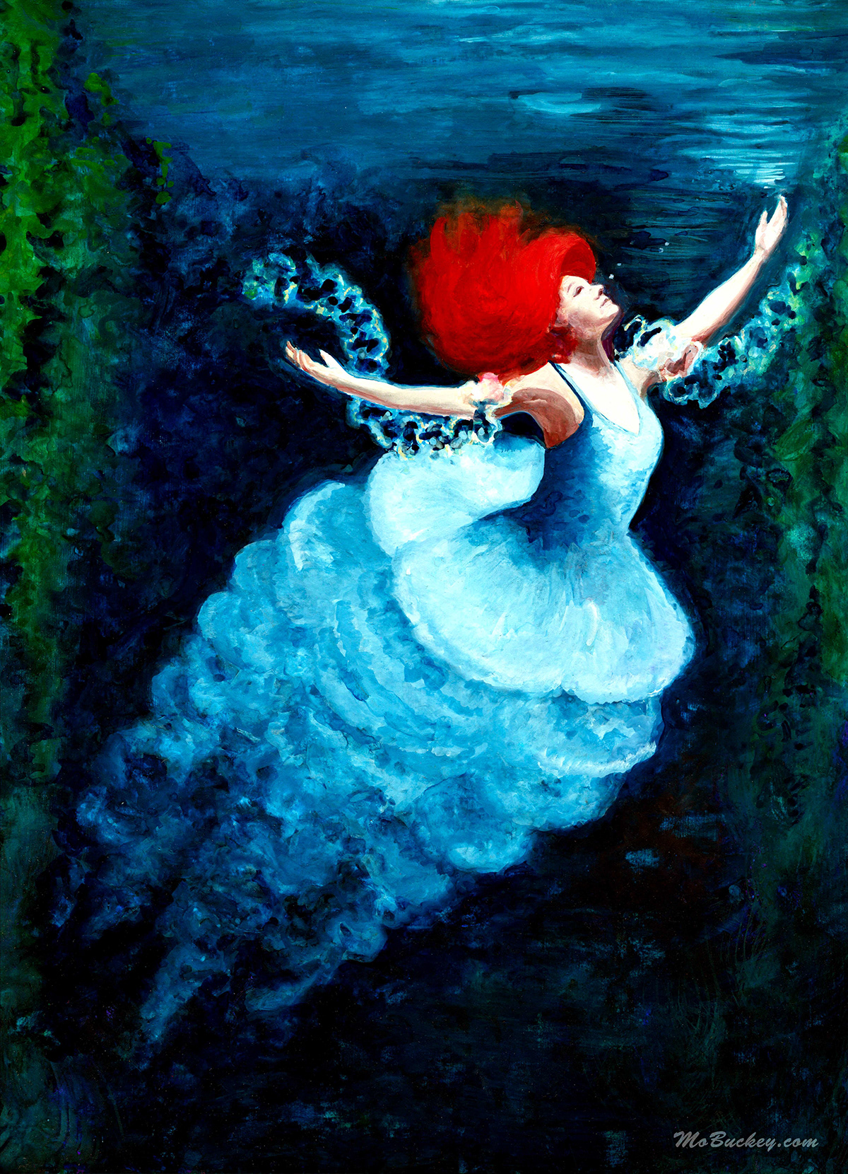 painting of a red haired blue jelly fish woman floating underwater