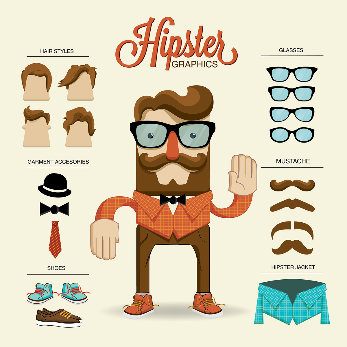 Hipster Icon Urban vector design glasses old guitar beard Young Retro tie information Clothing girl