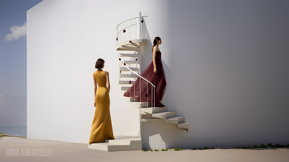 Two models in flowing gowns stand near a white staircase against a clear sky, embodying timeless.