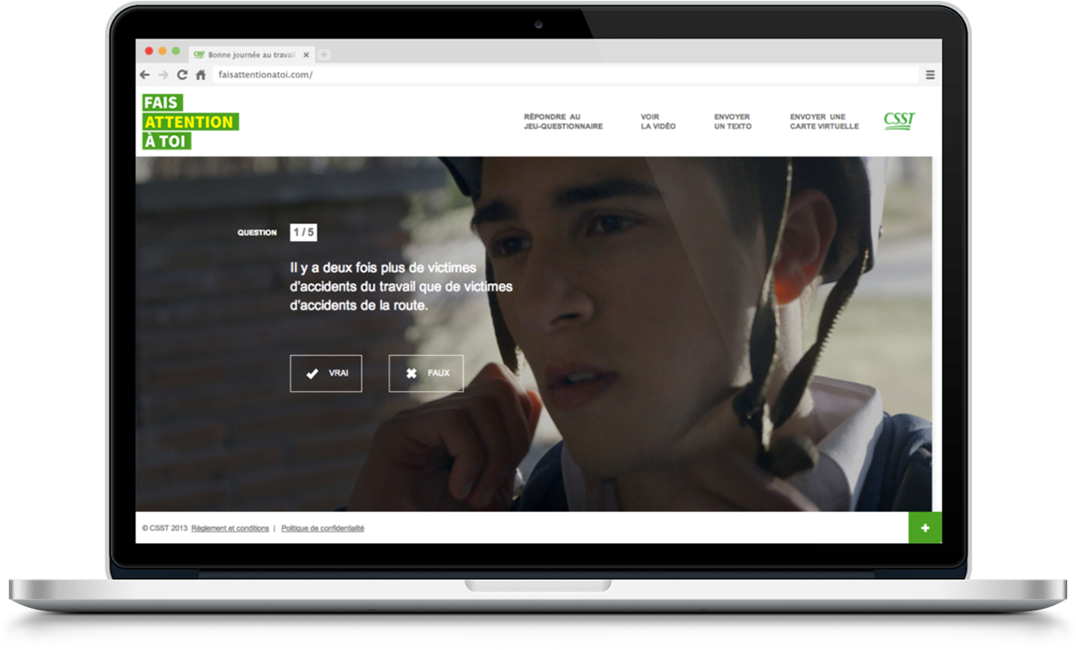 csst Website campagne brad faisattentionatoi Quebec Montreal vert prevention claude legault html5 fullscreen movie Quiz