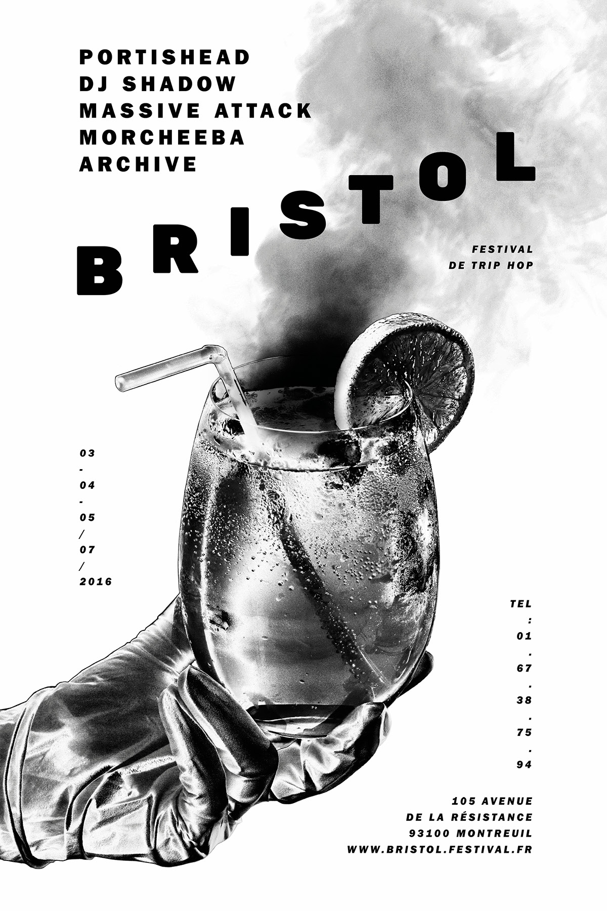 poster Bristol cocktail noir et blanc trip hop music chimie gants hand