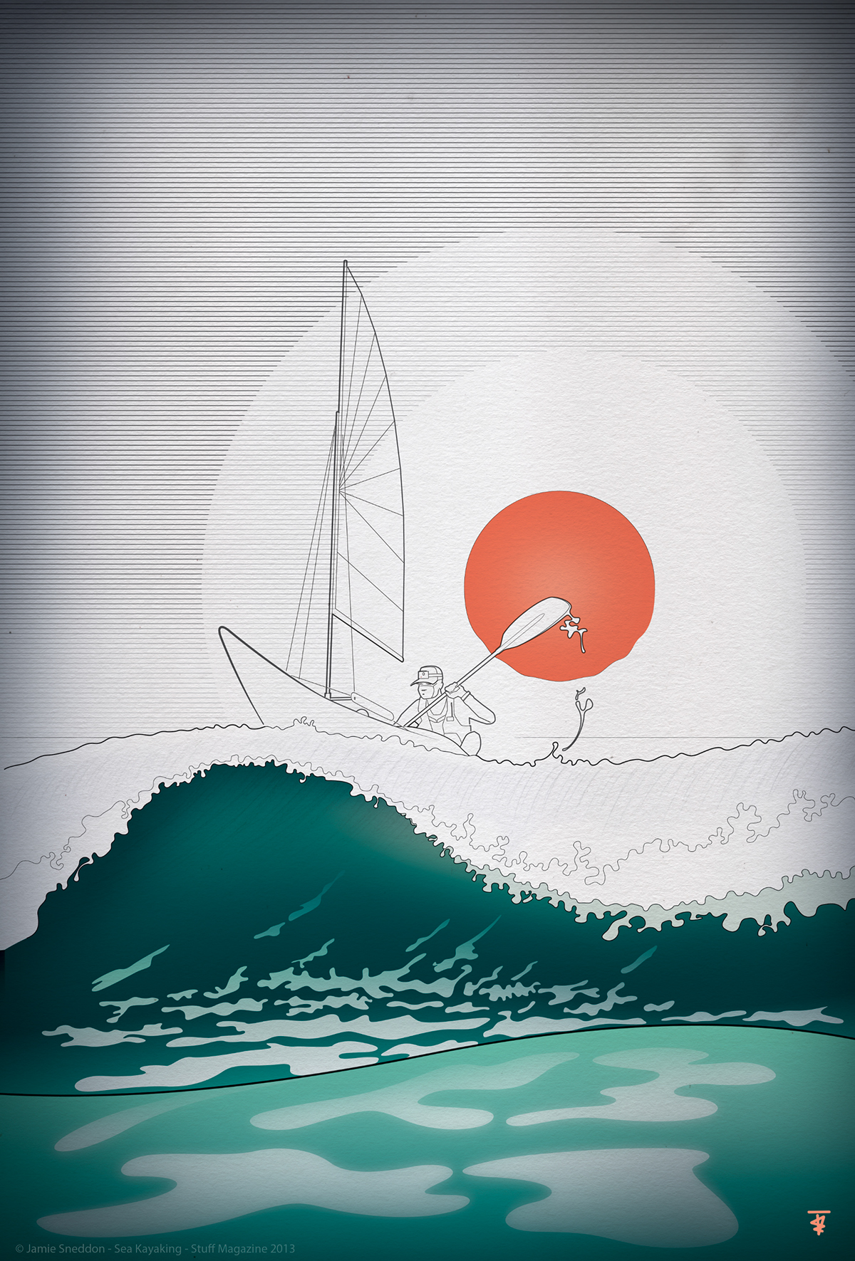sea kayaking sea sunset wave Chinese art water effects Sun pencil Paper texture Watersports