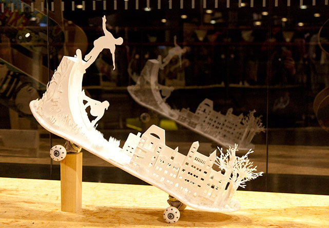 skateboard paper cut handmade 3D bug paper Window Display jumping art buildings Street youth