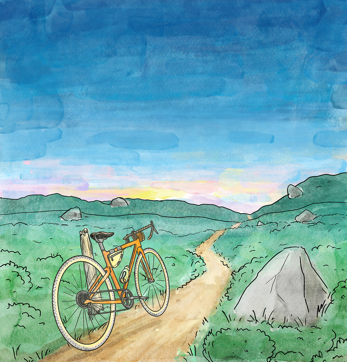 Bicycle digital Landscape painting   sunset watercolor