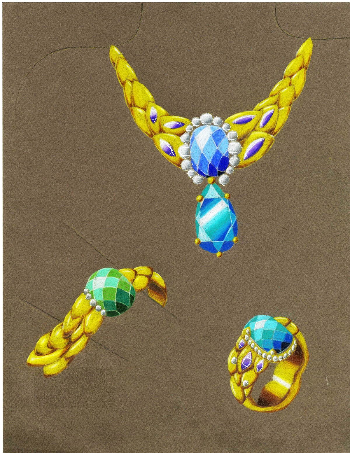 Necklace ring bracelet gold diamonds fancy cut stones rendering colored pencil