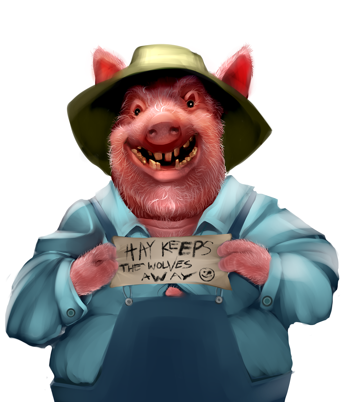 Three Little Pigs pig hairy farmer hay teeth ears overalls hat sign happy snout