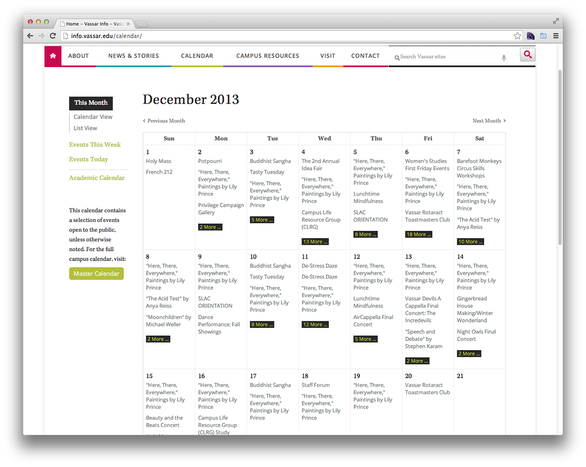 vassar college newspaper information calendar drop-down navigation clean mobile Responsive Design