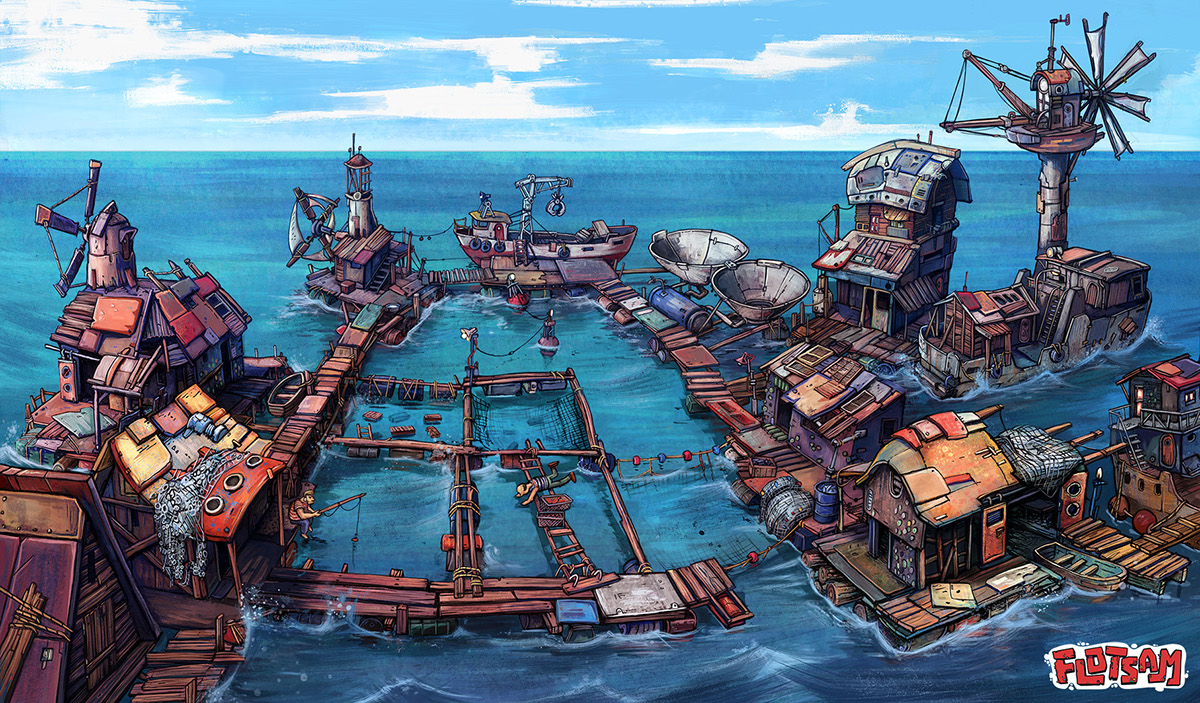 flotsam concept art water sea village post-apocalyptic survival Mockup painterly game environment boat