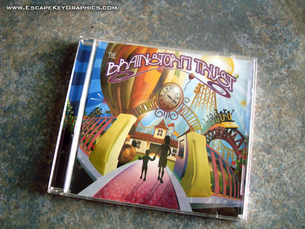 CD cover album cover harmonic motion  the brainstorm trust Vector Illustration Theme Park Carnival roller coaster Ferris Wheel clock fireworks logo