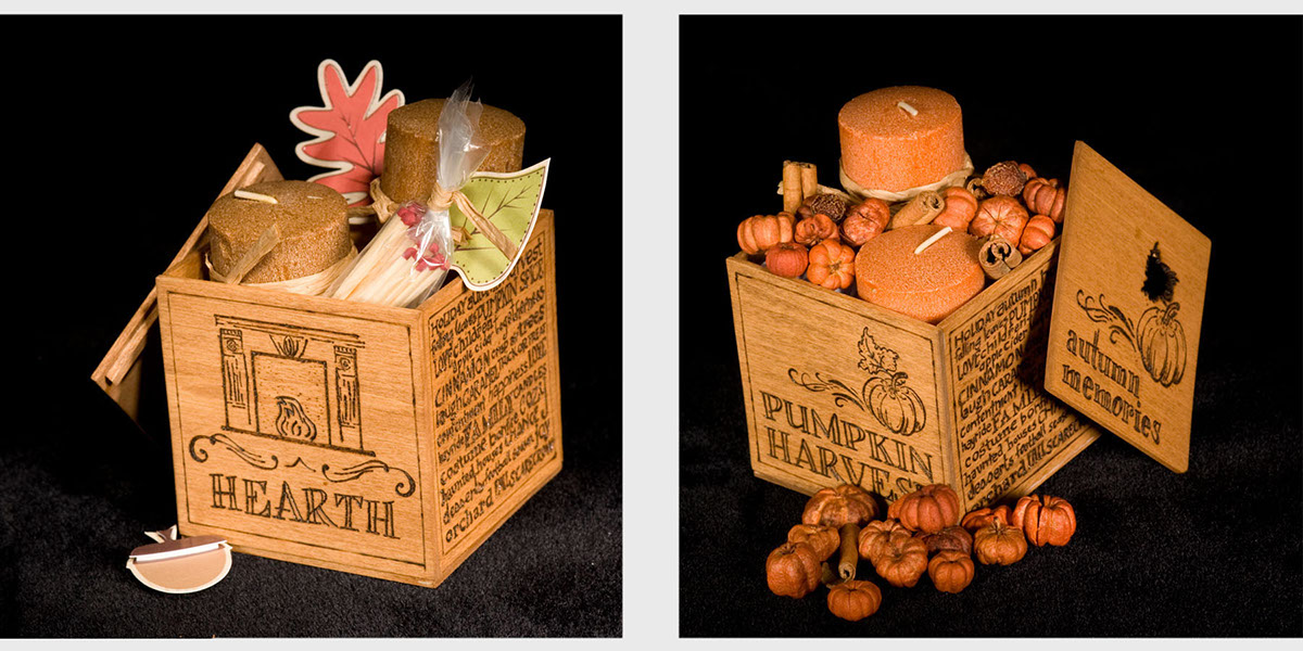 Fall pumpkin cider scents hearth fall leaves Halloween trick or treat wooden boxes hand craft stain Wood Burning etching Memory memories autumn