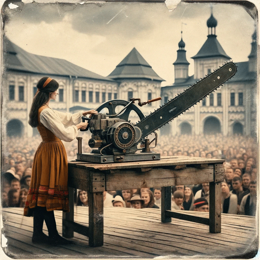 old photos engine presentation unrealistic chainsaw Dalle aiart GenerativeAI lumberjack forestry