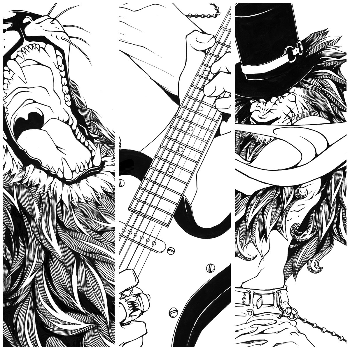 joy Man-Tsun black & white Pen & Ink Black Maker lion owl cap rock & roll guitar black White free silver Art Performance Hong Kong deer inking
