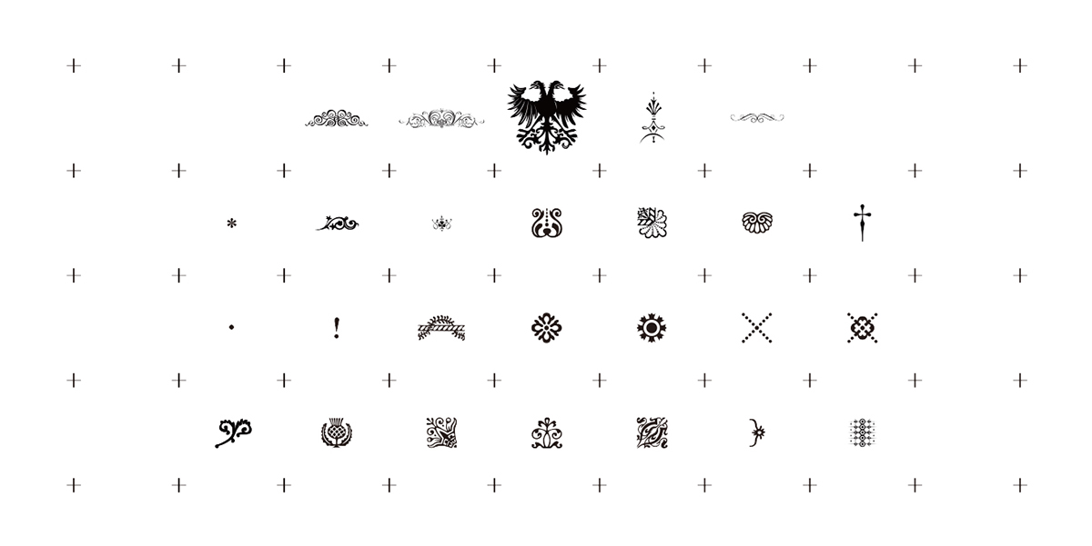 ornament composition elements combination graphic poster Caslon glyphs grid pattern