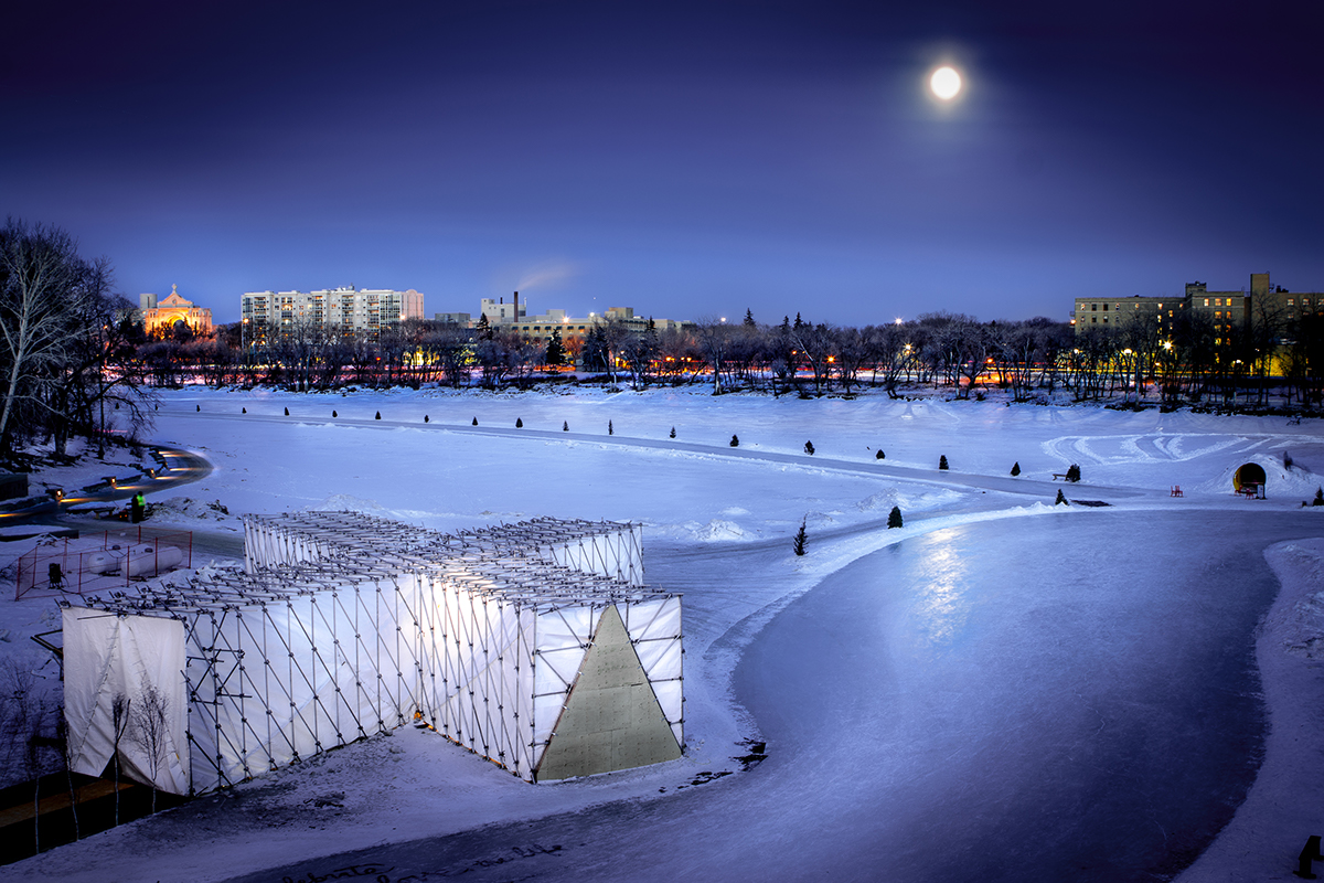 temporary restaurant fine dining Winnipeg Canada the forks Frozen River winter ice Skating snow visualisation