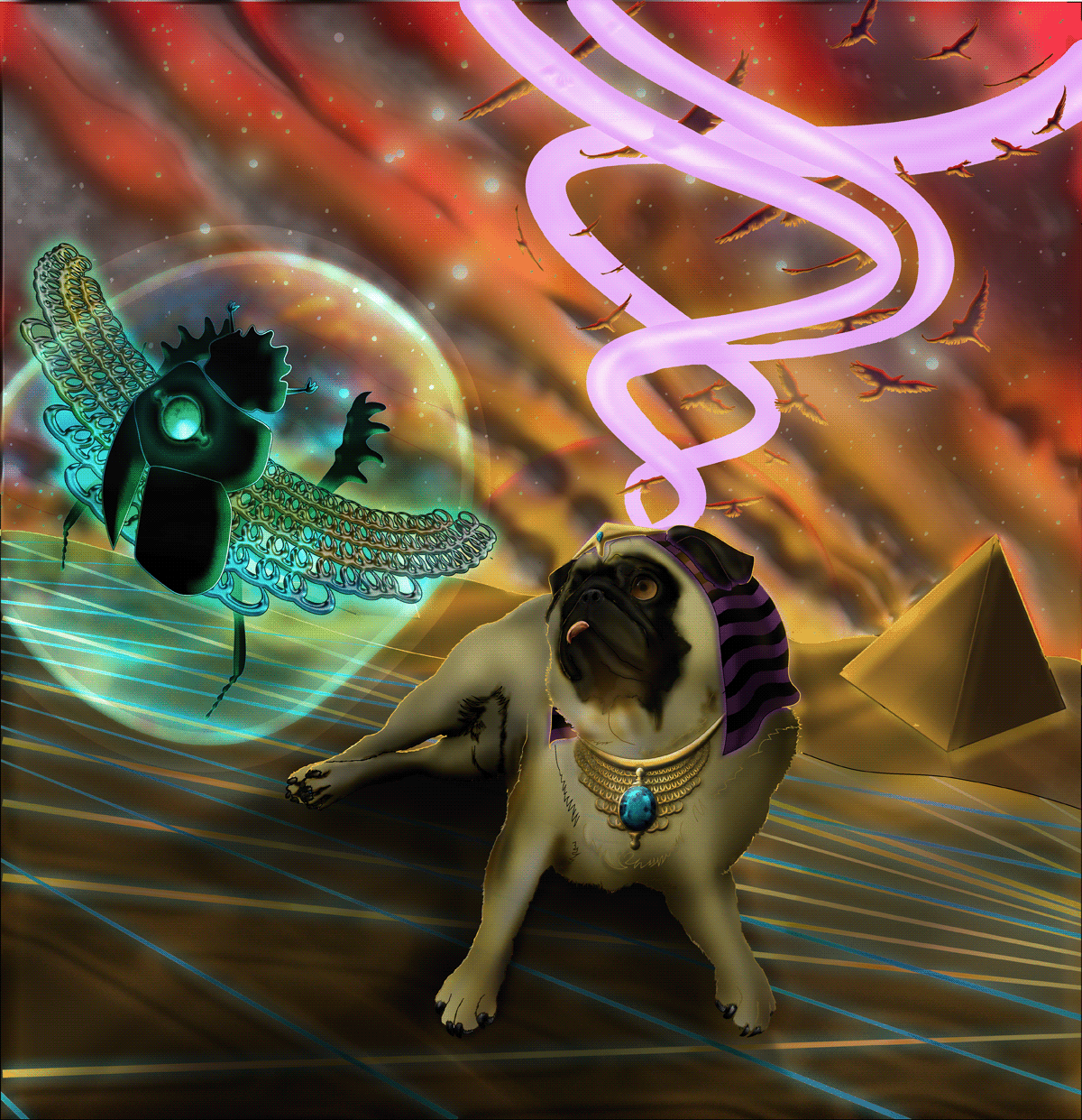 Pug  Desert egypt scorpion Scarab dung beetle Magic   lucid surreal pyramid pyramids colorful