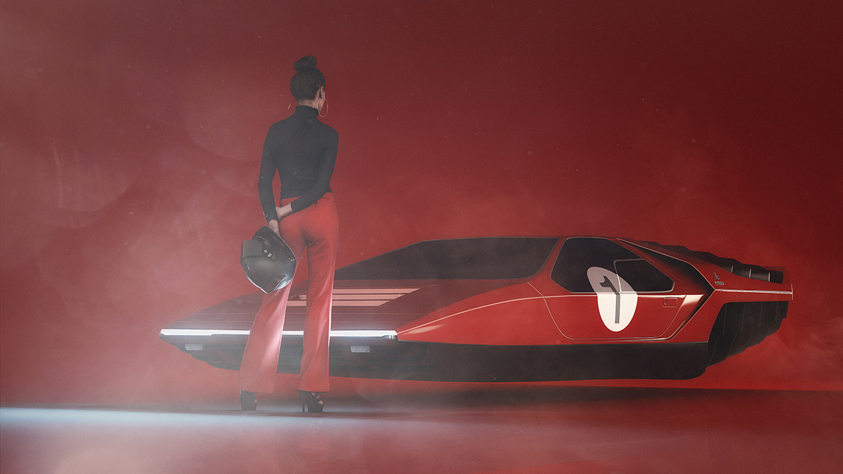 car render Flying Car racecar retro futuristic Syd Mead bertone