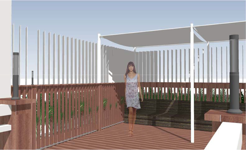 garage deck wood green planting raised Outdoor screening pergola fins Open Space