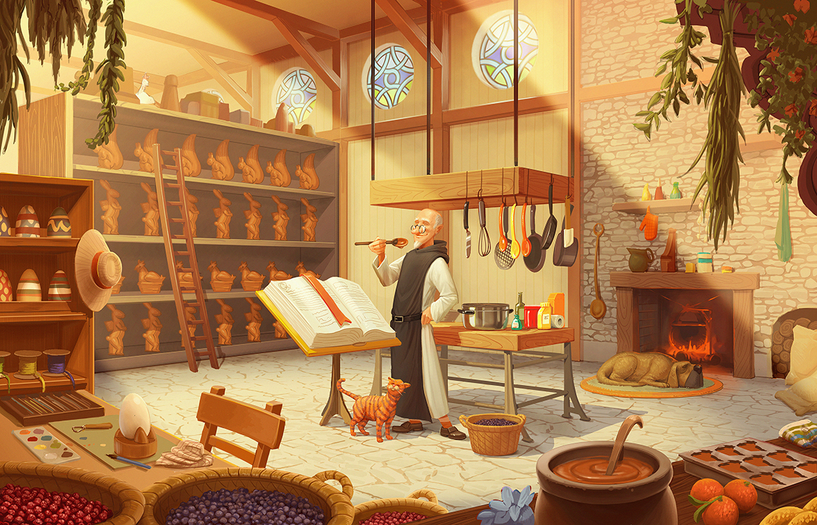 Character monk cartoon fantasy digital painting chocolate hen henhouse farm Workshop atelier