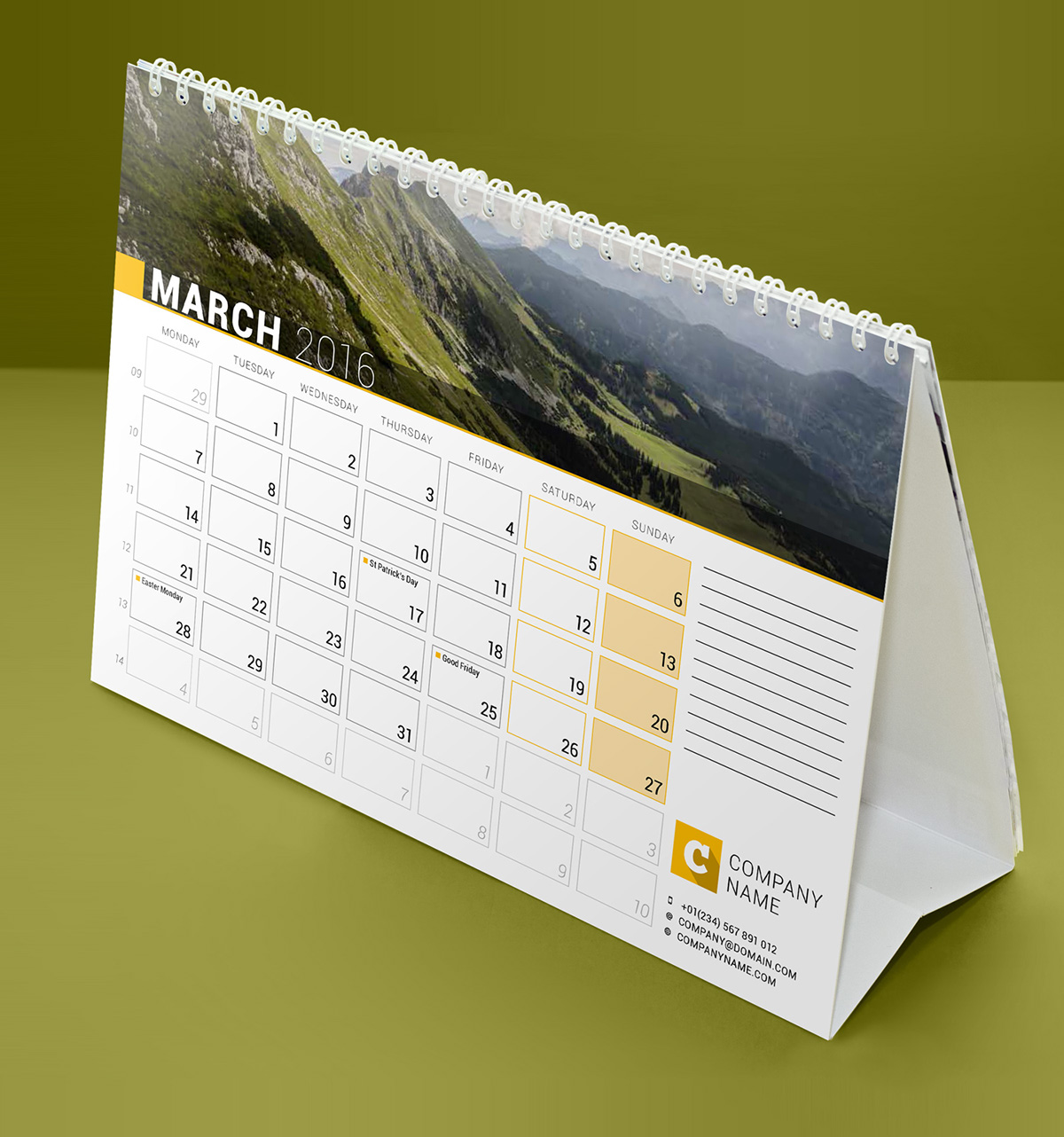 calendar 2016 desk calendar Calender Stationery template InDesign month year Day week sunday Monday numbers logo notes