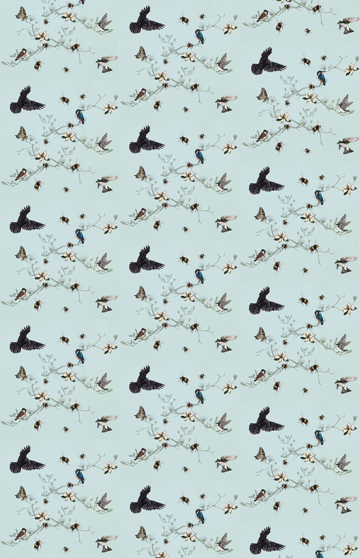 repeating patterns  surface design  drawing  textile design bee Bumblebee handdrawn birds seagull toile de jouy