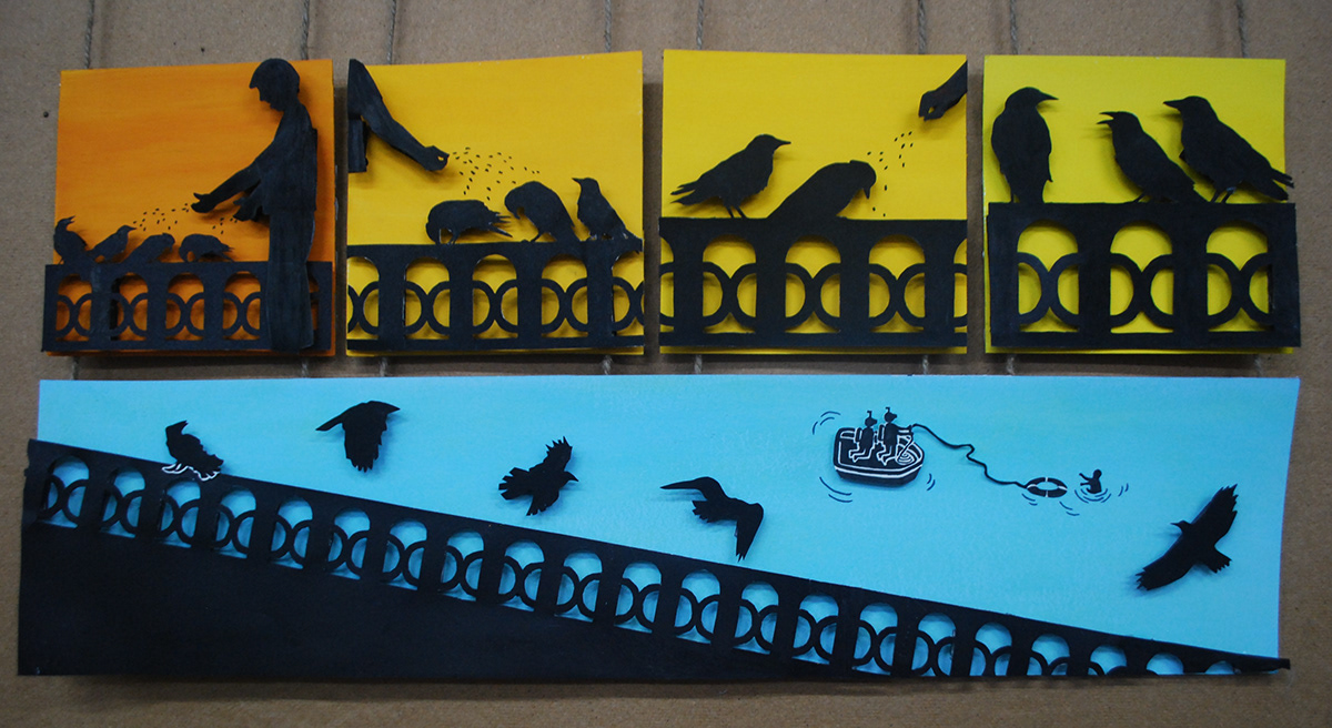 Visual Narrative narrative storytelling   sequential Silhouette paper birds river bridge ahmedabad