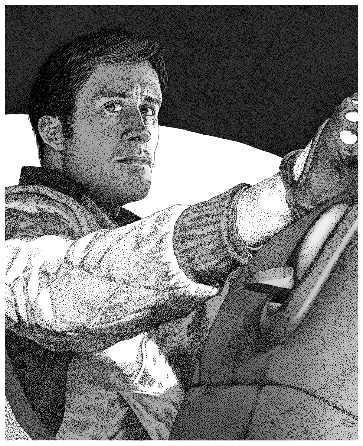 drive Ryan Gosling poster Nicolas Winding Refn driver L.A. movie stippling art draw dots ink artwork 80's