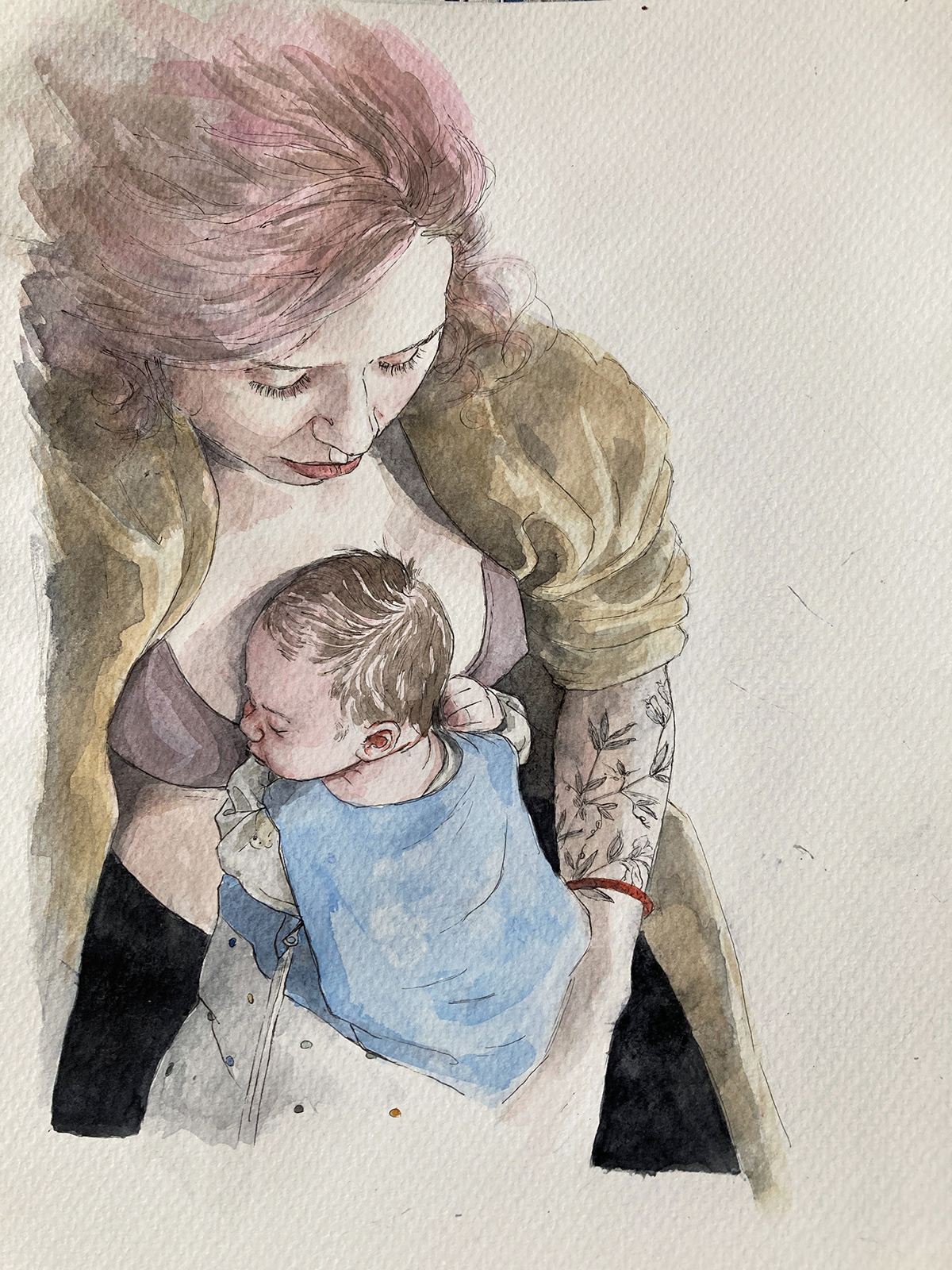 watercolor portrait of mother and child

