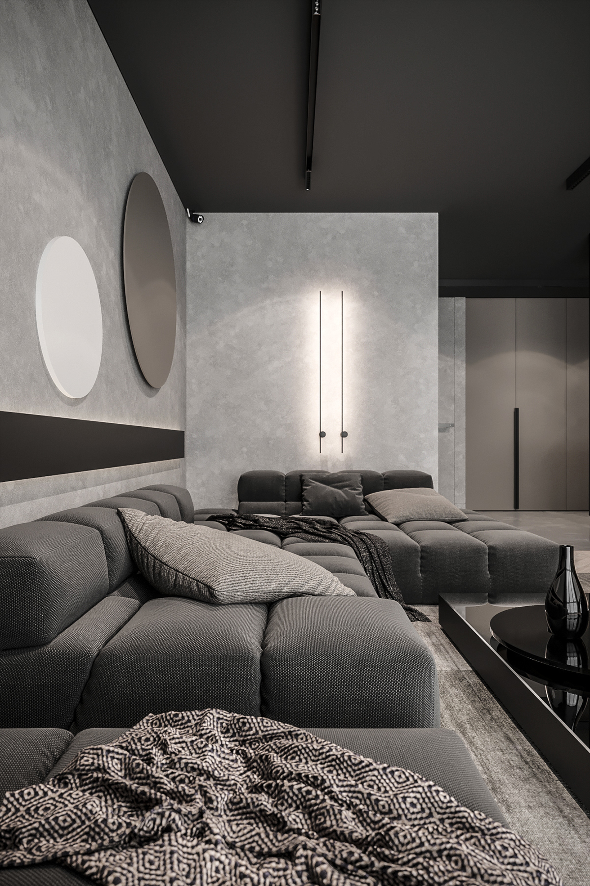 apartment architecture dark Interior kitchen living room luxury minimal modern