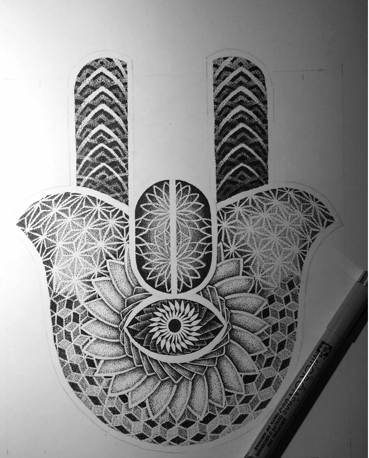 ink dotwork stippling hand Mandala monochrome black and white clouds geometry Patterns