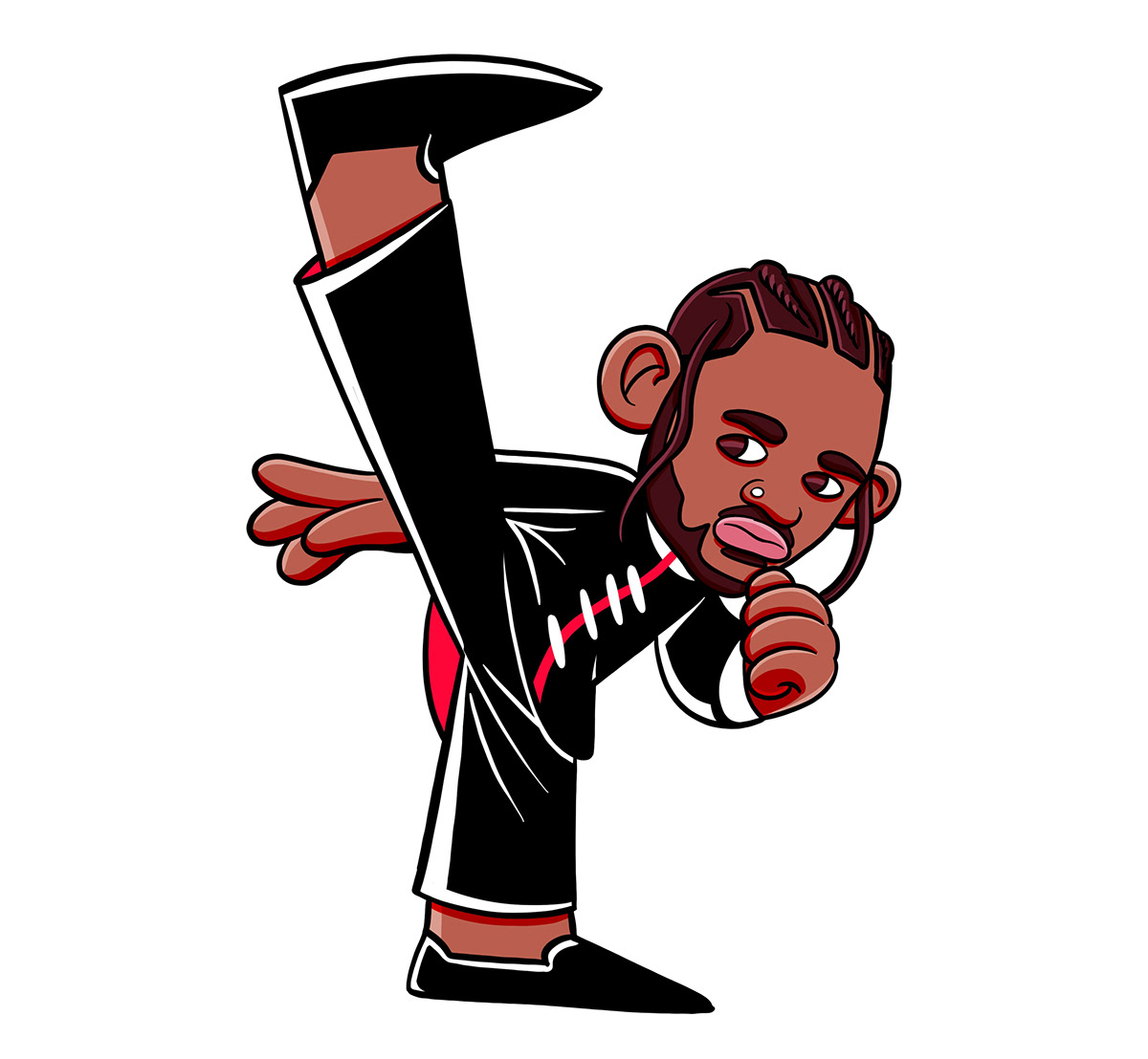 Illustration of Kendrick Lamar doing a karate kick in the air, inspire by his theme kung foo Kenny 