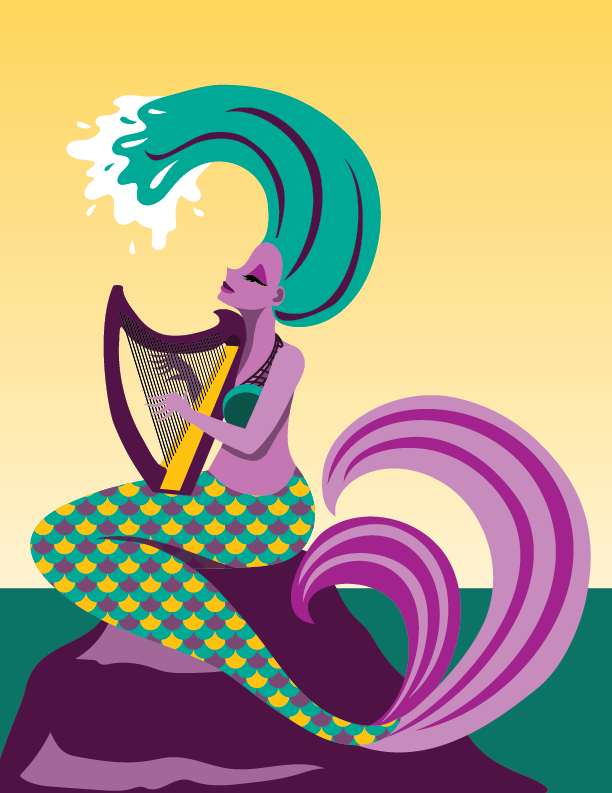 mermaid harp cartoon color grayscale waves hair Ocean Illustrator