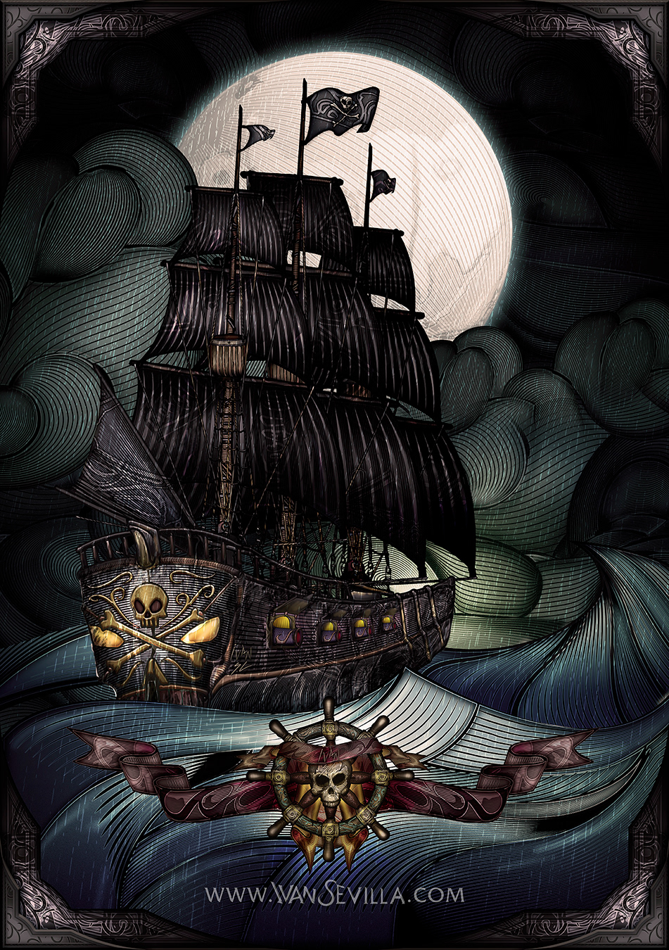 barco ilustracion lineas mar pirata