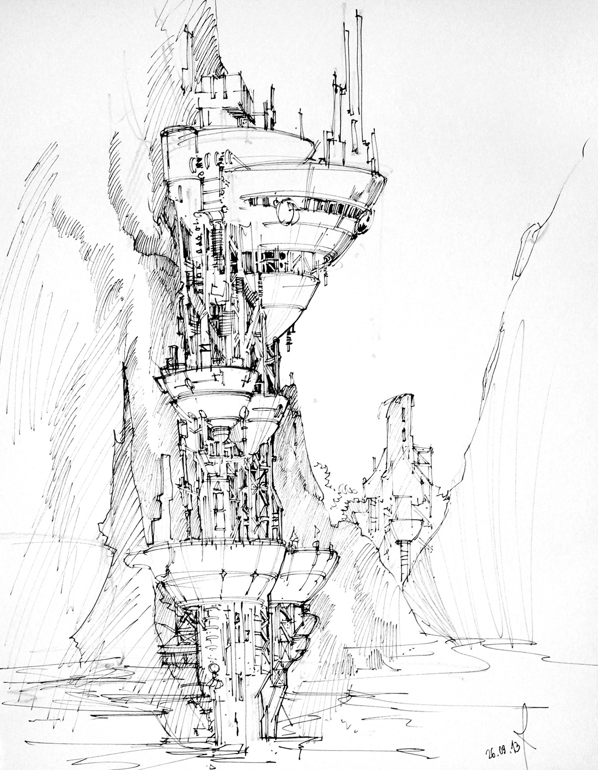 Technology  space ship industrial future city cityscape ink paint sketch fast vision