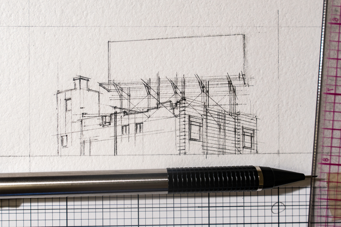 architecture design drawing Realism perspective drawing pen and ink