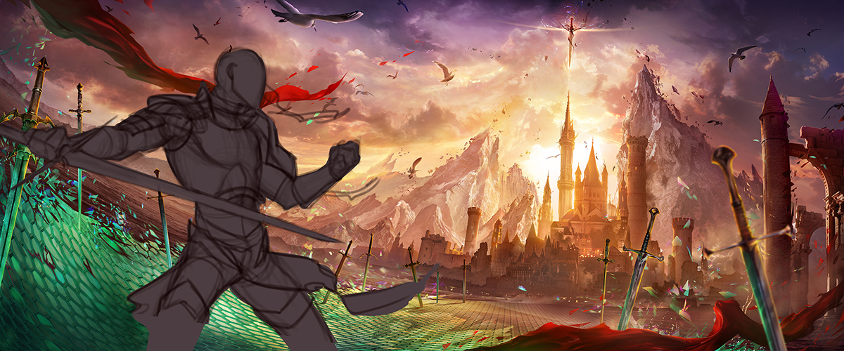 arheage Game Art 2D CG warrior knight archer sunset