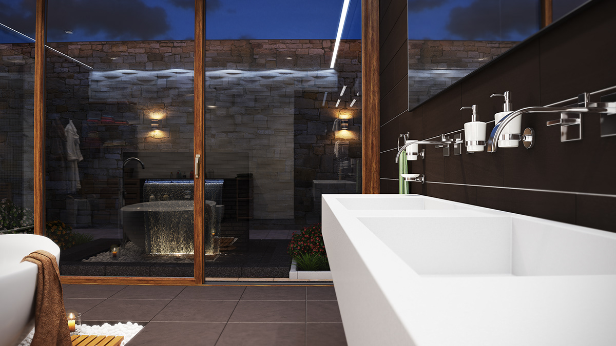 Master Bathroom ensuite master bath mosaic tile 3D visualization interior design  contemporary space CGI