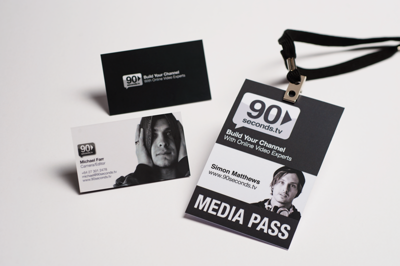 90 Seconds media pass Business Cards contracts stickers