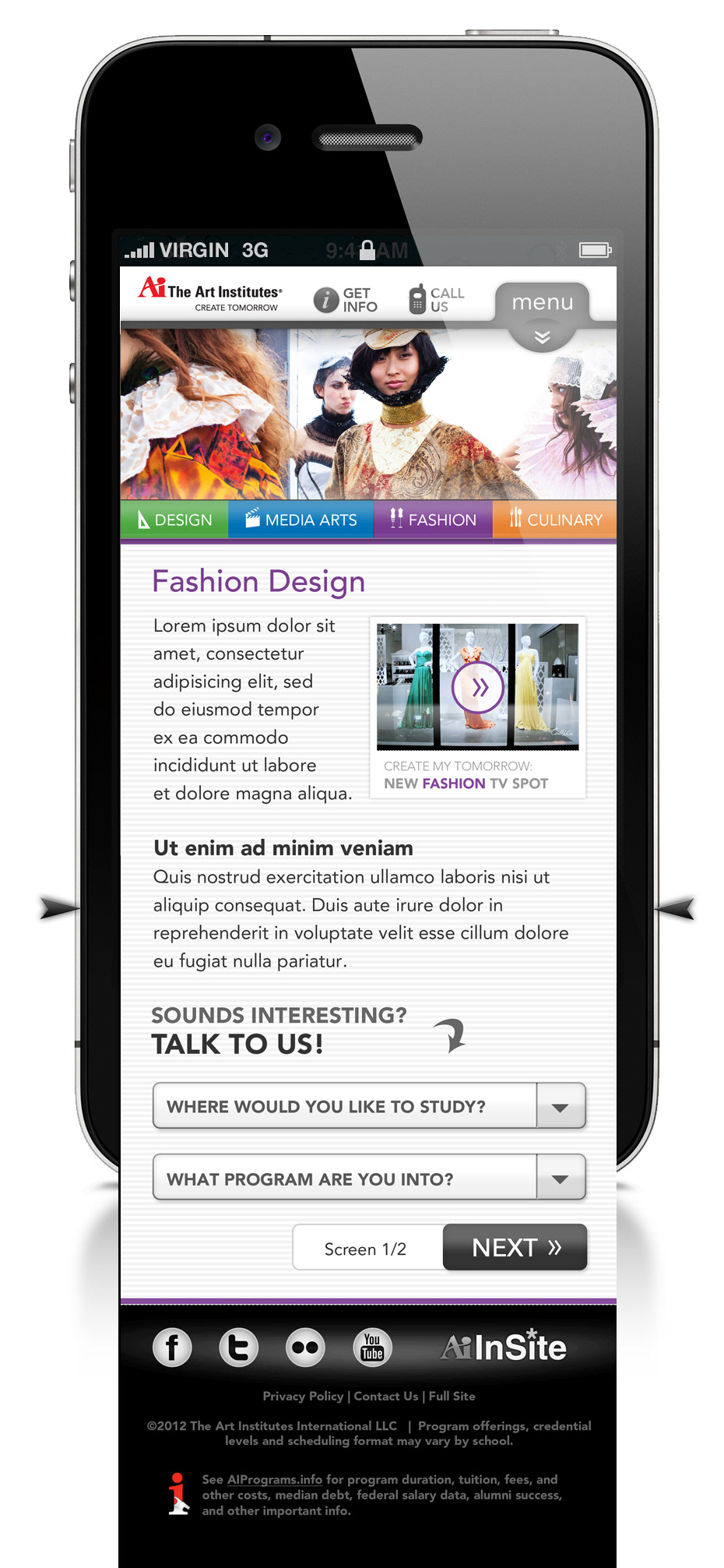 the art institutes mobile website mobile design