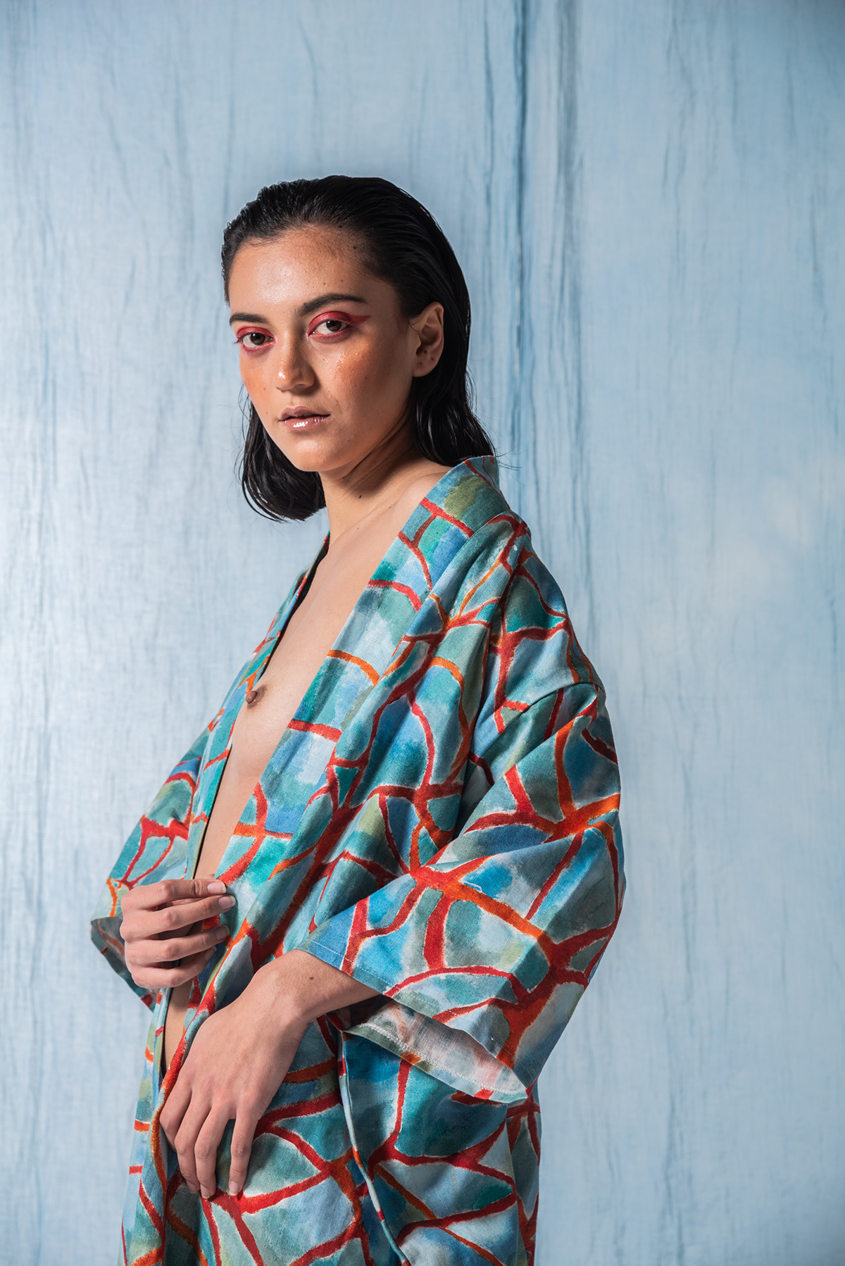 textile Fashion  color blue red kimono Fabric Dye textile design  design