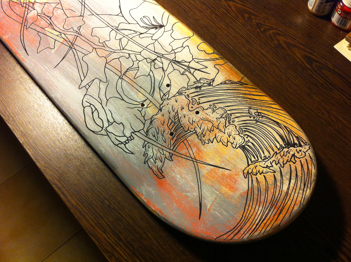 skateboard Drawing  black ink girl flower skull wave Natutre life