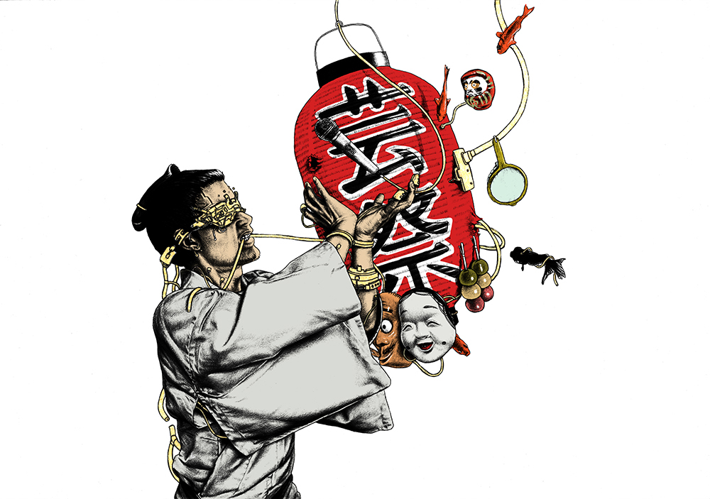 ballpoint ILLUSTRATION  Drawing  Cyberpunk japan kimono lantern