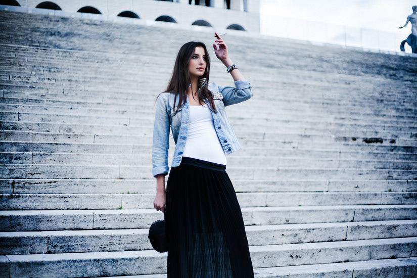 EUR styling  Rome Italy model Street girl Denim White steps monument studs