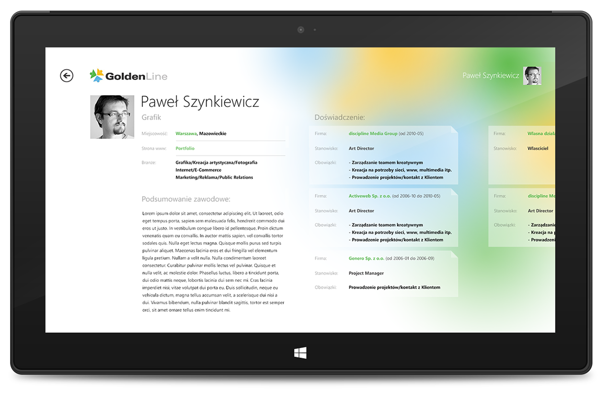 GoldenLine Linked In Windows 8 W8 Mobile app tablet Windows RT