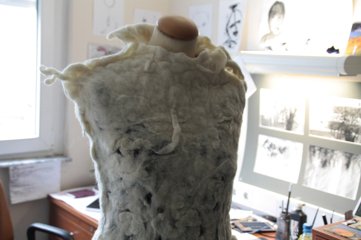 wool Wet Felting felt experiment sketch fibers Nature eco modeling pattern bio dress coat White lace