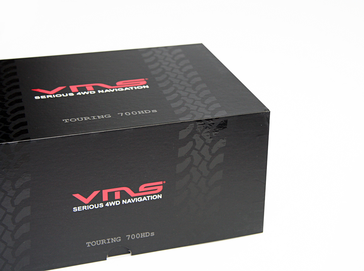 design product packaging vms Creative Design graphic print black red logo 4WD 4x4 spot uv tyre Tire gps
