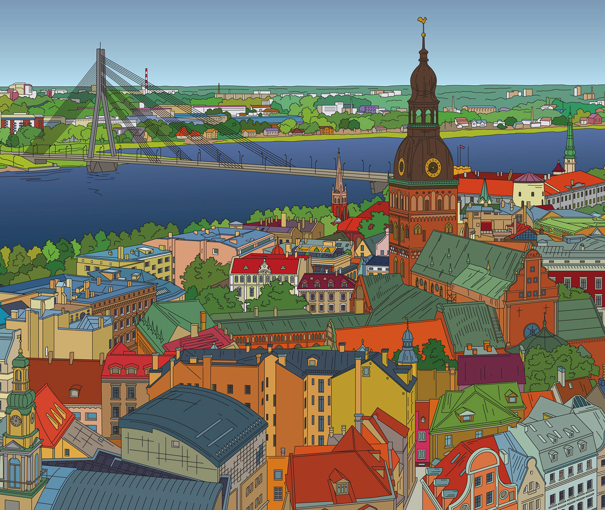 Riga Latvia vector panorama cityscape Drawing  magazine lineart spread art