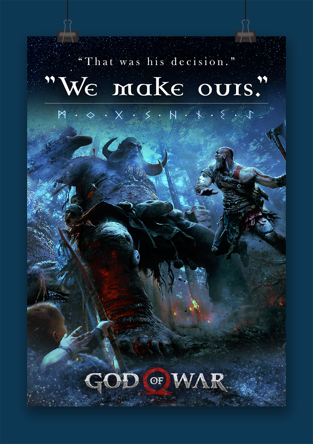 god of war kratos Atreus troll game videogame Santa Monica Studio poster Ps4 runes