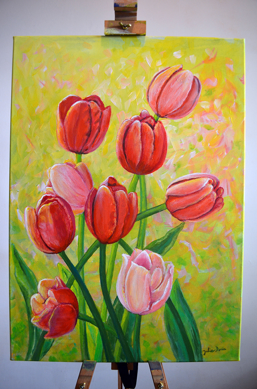 red pink tulips floral Flowers painting   floral paintings Julia Doria Bouquet canvas