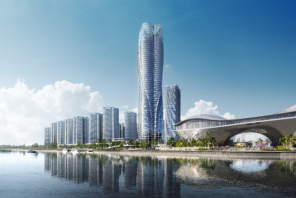 architectural design Competition Harbourfront highrise hotel Office Render Retail