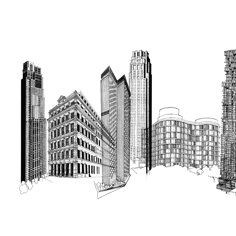 buildings line drawing architecture skyline ILLUSTRATION  pen and ink Woolworth skyscraper